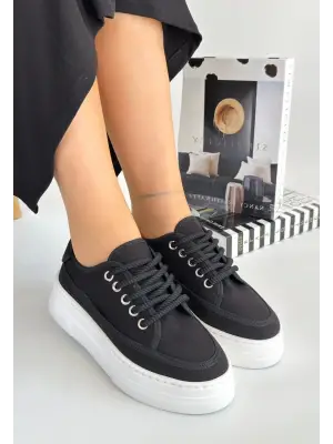 Omarı Siyah Keten Bağcıklı Spor Ayakkabı