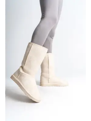 Omarı Düz Tabaan İçi Kürklü Süet Bayan Bot - Krem