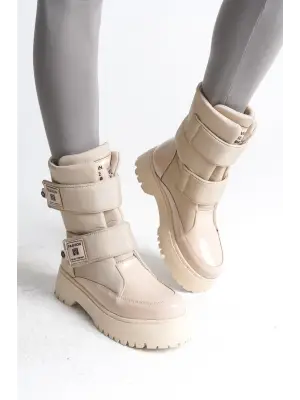 Omarı Elegan Paraşüt Kumaş Rugan Bayan Bot - Krem