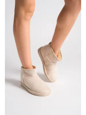 Omarı İçi Kürklü Tabaan Süet Bayan Bot - Krem