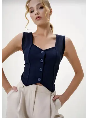 Omarı Lacivert Krep Kumaş Düğmeli Yelek