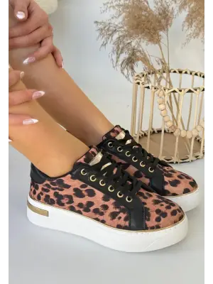 Omarı Leopar Desenli Saten Bağcıklı Spor Ayakkabı