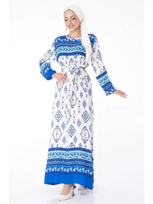 Omarı Mavi Etnik Desenli Elbise