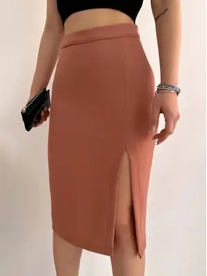 Omarı Yırtmaçlı Somon Midi Etek