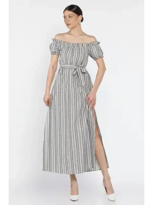 Omarı Midi Yırtmaçlı Keten Elbise