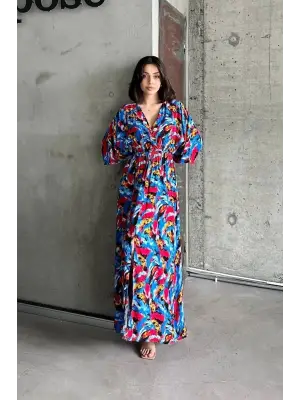 Omarı Etkileyici Dokuma Baskılı Yarasa Kol Elbise