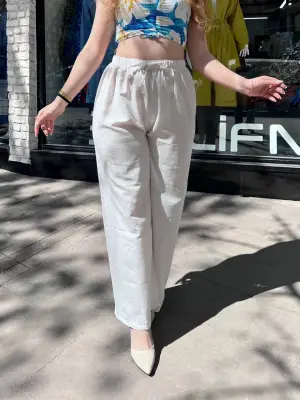 Omarı Yüksek Bel Krem Lekeli Keteni