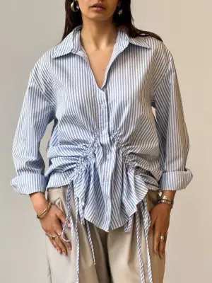 Omarı Büzgü Detaylı Çizgili Gömlek