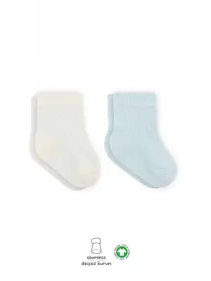 Omarı Organik Penye Soket Çorap 2li Set - Mavi Ekru