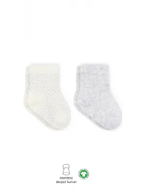 Omarı Organik Puan Desenli 2li Penye Soket Çorap - Gri Ekru