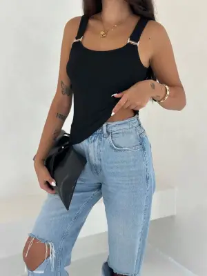 Omarı Siyah Ottoman Toka Askılı Bluz