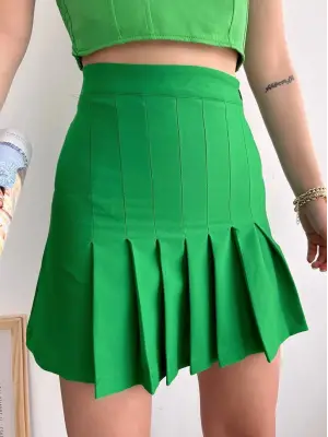 Omarı Pileli Düğmeli Etek - Yeşil Renk Seçeneği