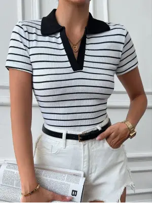 Omarı Garnili Polo Yaka Bluz - Beyazsiyah Seçenekleriyle