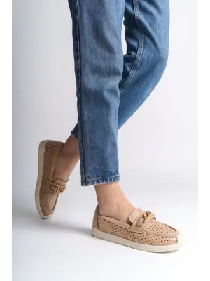 Omarı Rahat Tabanlı Kalp Desenli Babet Ayakkabı - Ten