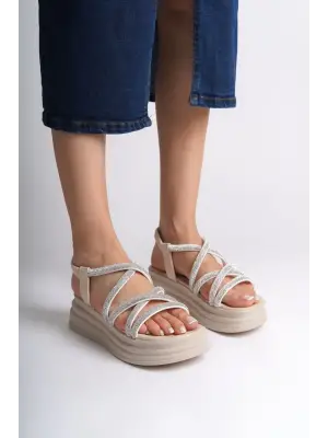 Omarı Rahat Tabanlı Taşlı Sandalet - Krem