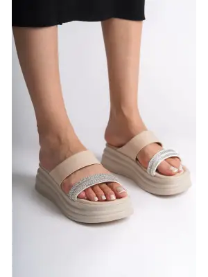 Omarı Taşlı Şeritli Rahat Tabanlı Bayan Terlik - Krem