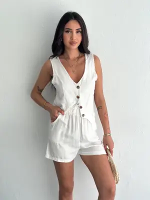 Omarı Rahat Yaz Stili Keten Şort Yelek Takımı