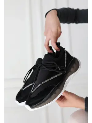 Omarı Siyah Rugan Spor Ayakkabı Bağcıklı