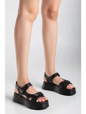 Omarı Siyah Cilt Cırt Cırtlı Sandalet with Modern Design