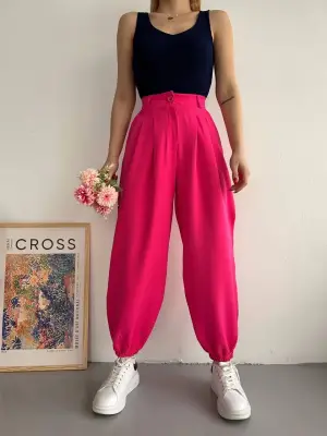 Omarı Etnik desenli fuşya şalvar pantolon