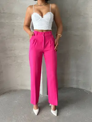 Omarı Kadife Palazzo Fuşya Pantolon