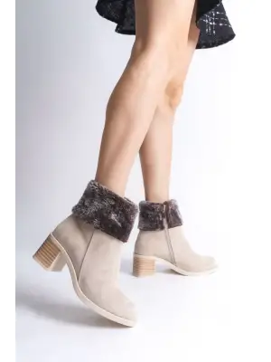 Omarı Tabaan Topuklu Kürk Detaylı Süet Bayan Bot