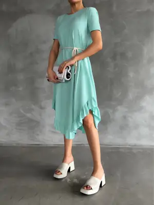 Omarı Etnik Desenli Kuşaklı Elbise