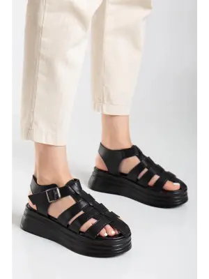 Omarı Siyah Cilt Kemerli Sandalet - Trend Stil, Omarı Tasarımı