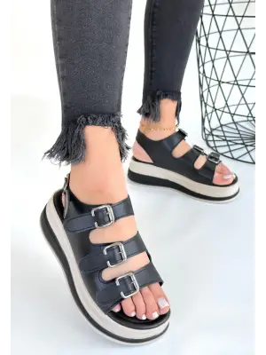 Omarı Siyah Deri Sandalet