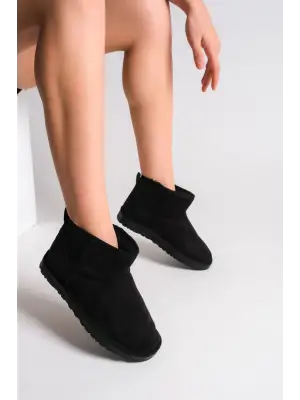 Omarı Kürklü Düz Siyah Bayan Bot - Şık ve Rahat Günlük Kullanım İçin