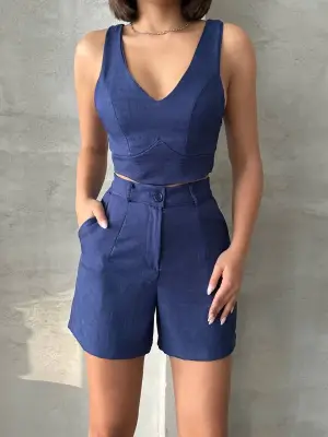 Omarı Keten Şortlu Takım