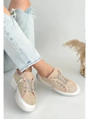 Omarı Bağcıklı Bej Kot Spor Ayakkabı