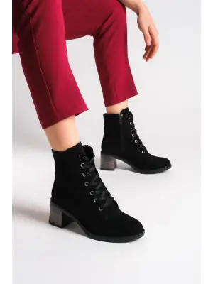 Omarı Bağcıklı Süet Bayan Bot - Şık ve Rahat Siyah Bot