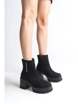 Omarı Süet Bayan Bot - Kalın Topuklu, Rahat Tabanlı Bot - Siyah