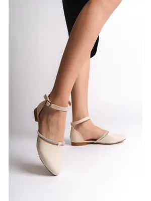 Omarı Taş Detaylı Rahat Tabanlı Bayan Babet Ayakkabı - Krem