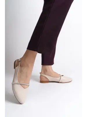 Omarı Rahat Tabaan Taş Detaylı Bayan Babet Ayakkabı - Krem