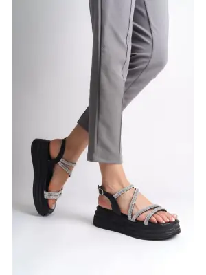 Omarı Kadın Rahat Tabanlı Taşlı Şeritli Sandalet - Siyah