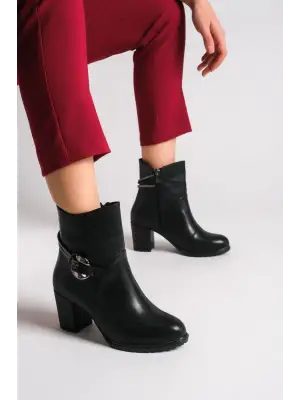Omarı Fermuarlı Taşlı Topuklu Bayan Bot - Siyah