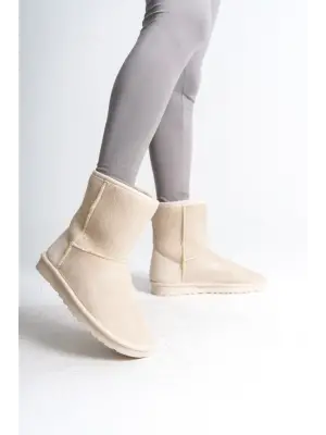 Omarı Krem Süet İçi Kürklü Bayan Bot - Bağcıksız, Düz Taban
