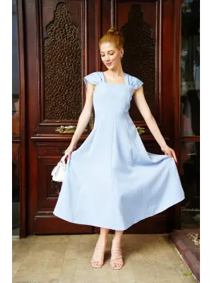 Omarı Mavi Prenses Elbise U Yaka Modası