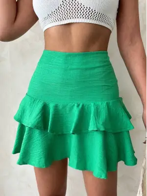 Omarı Yeşil Fırfırlı Valonlu Etek