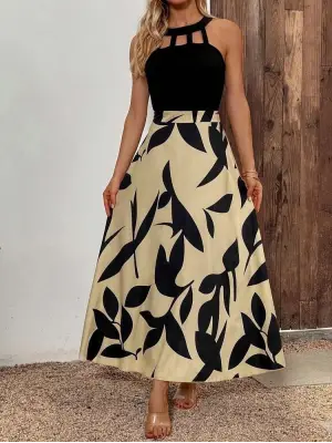 Omarı Yakadan Şerit Detaylı Maxi Elbise