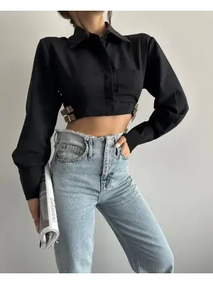 Omarı Yanı Kemer Detaylı Crop Gömlek - Siyah
