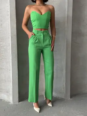 Omarı Yeşil Palazzo Pantolonlu Alt Üst Takım