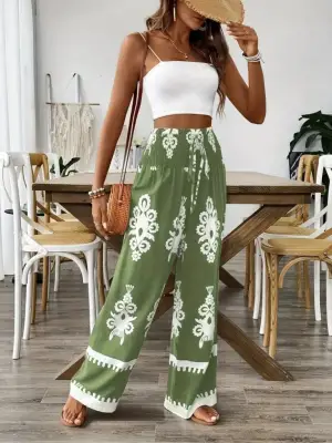 Omarı Yüksek Bel Etnik Desenli Büzgülü Pantolon