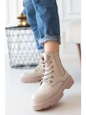 Omarı Yüksek Tabanlı Bej Bağcıklı Bot