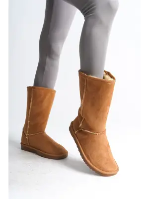 Omarı Süet İçi Kürklü Günlük Bayan Bot - Taba