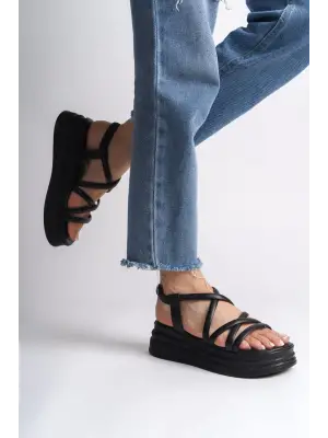 Omarı Rahat Tabanlı Siyah Bayan Sandalet - Günlük Şık Ayakkabı