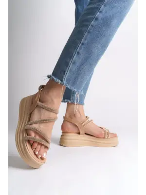 Omarı İnce Tokalı Taşlı Şeritli Rahat Tabanlı Bayan Sandalet