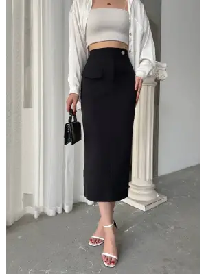 Omarı Diz Boyu Düğmeli Şifon Etek